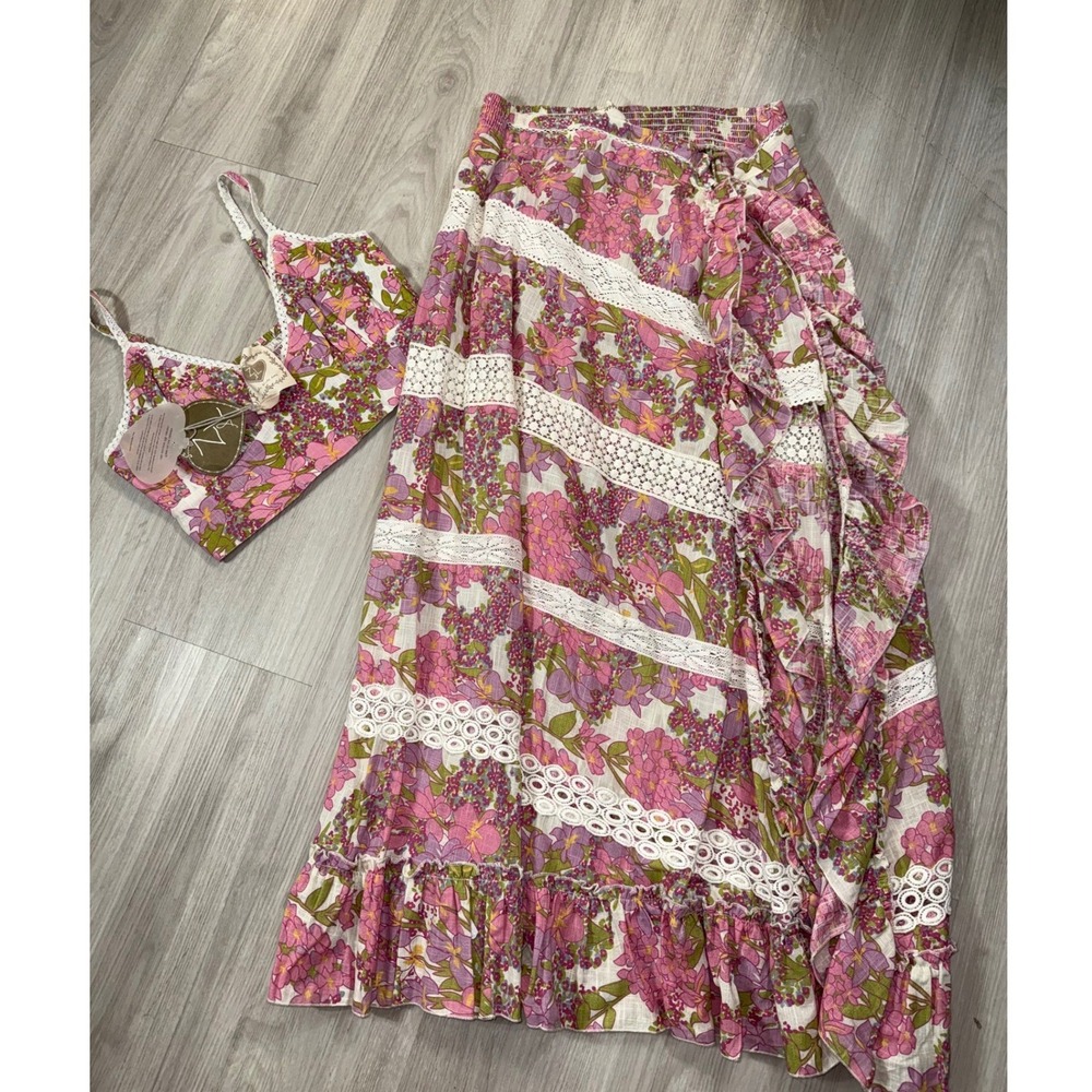 Z&L Europe Women Pink Floral Lace Trim Crop Top and Maxi Skirt Set Size L NWT